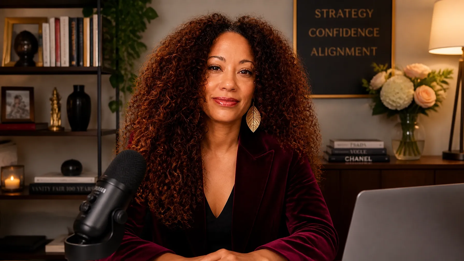 MiShawn Williams in a burgundy velvet blazer in her studio
